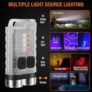 BORUIT V3 Small Powerful EDC Flashlight with Red UV Blue Light -Super Brigh Rechargeable M